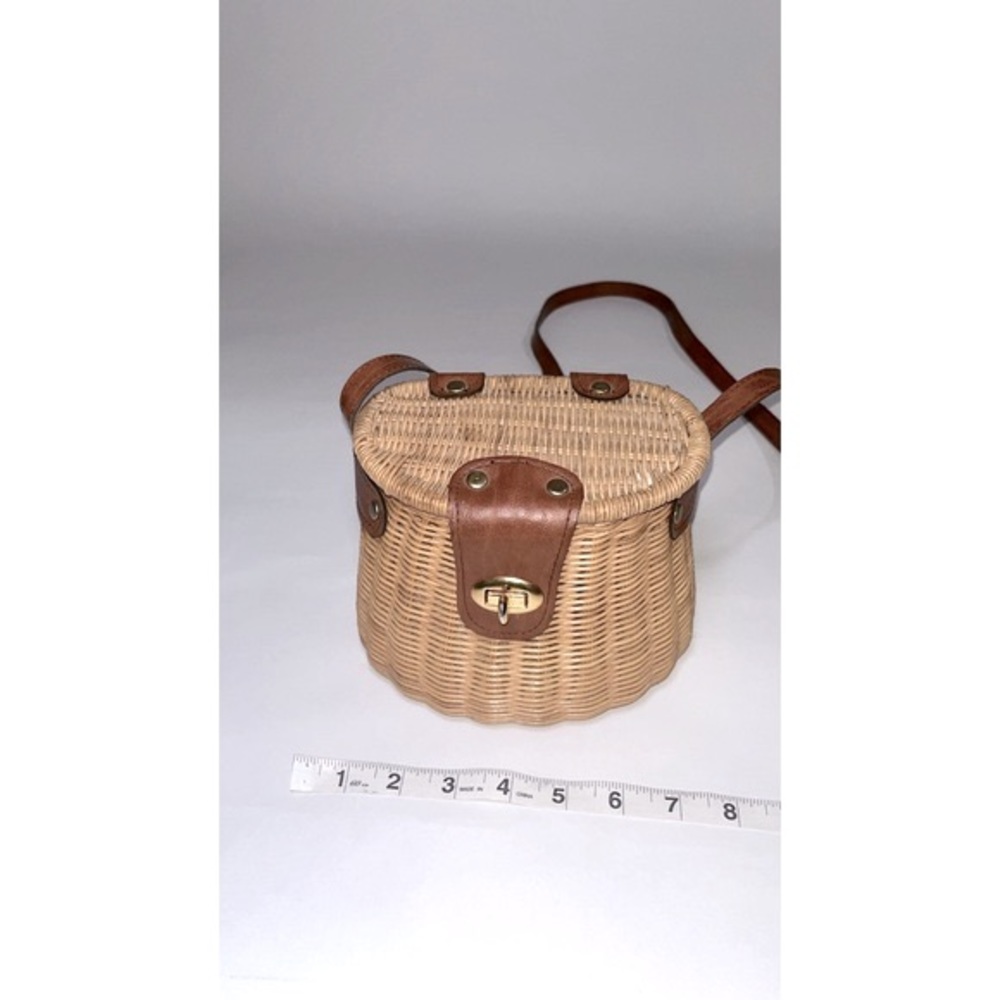 Rattan Basketweave Crossbody Bag w/ Leather Strap - Picture 3 of 6